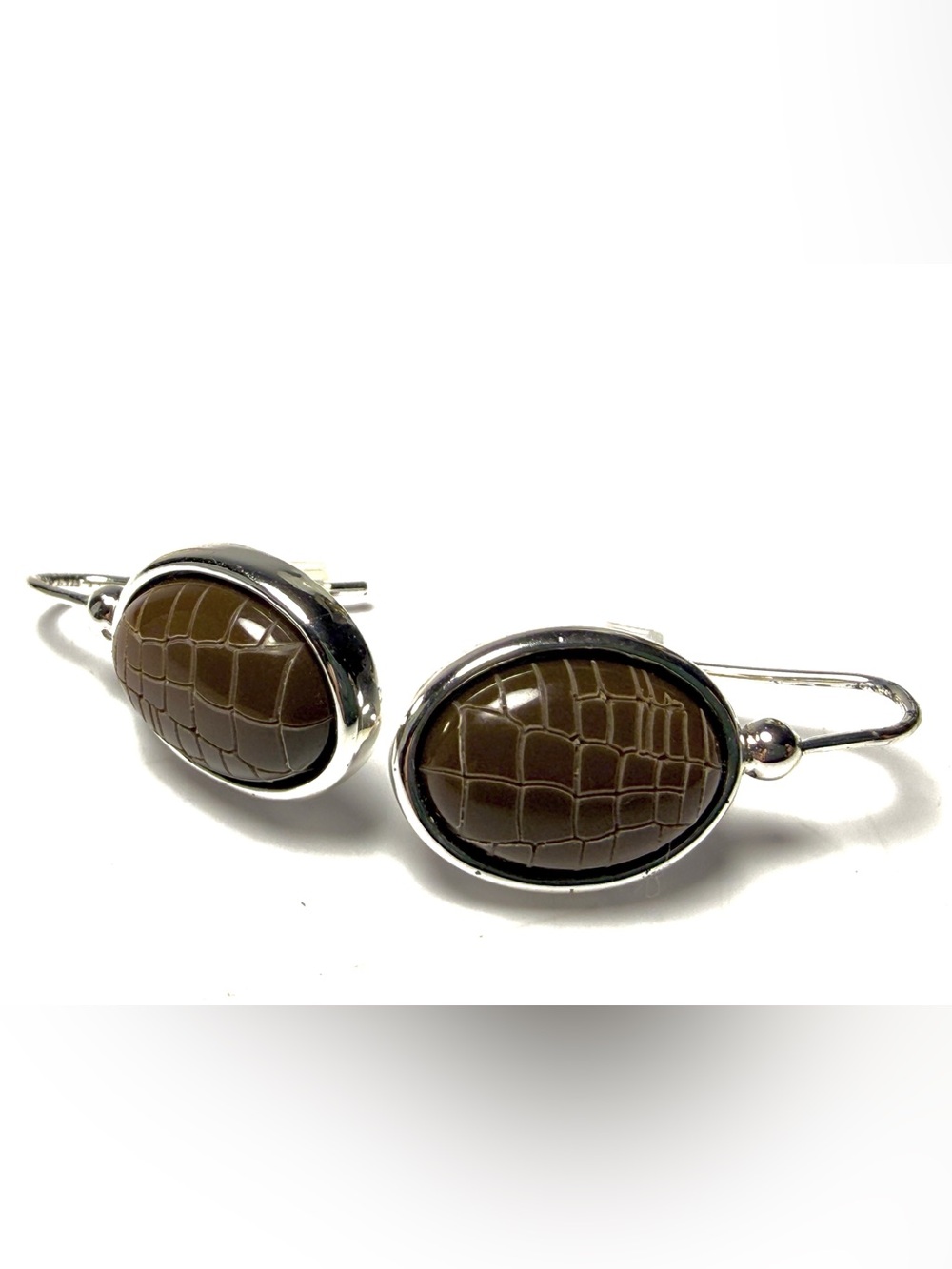 Ralph Lauren Silver-Tone Earrings with Brown Oval Croc-Textured Inset